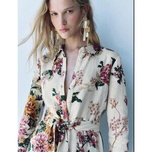 ZARA WOMAN MIDI BELTED FLORAL ZW COLL 100% LINEN SHIRT DRESS